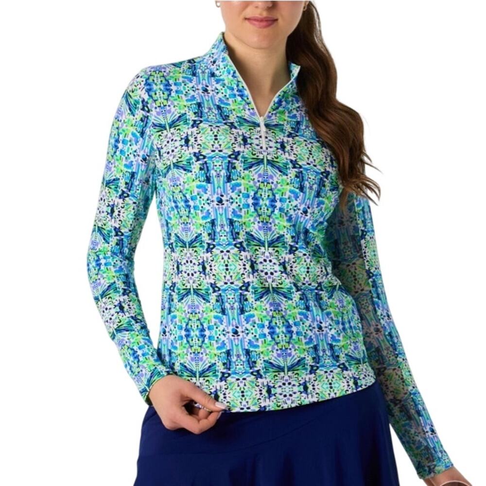 IBKÜL Long Sleeve 1/4 Zip Tennis Golf Top Blue Green Ikat Print Size Small